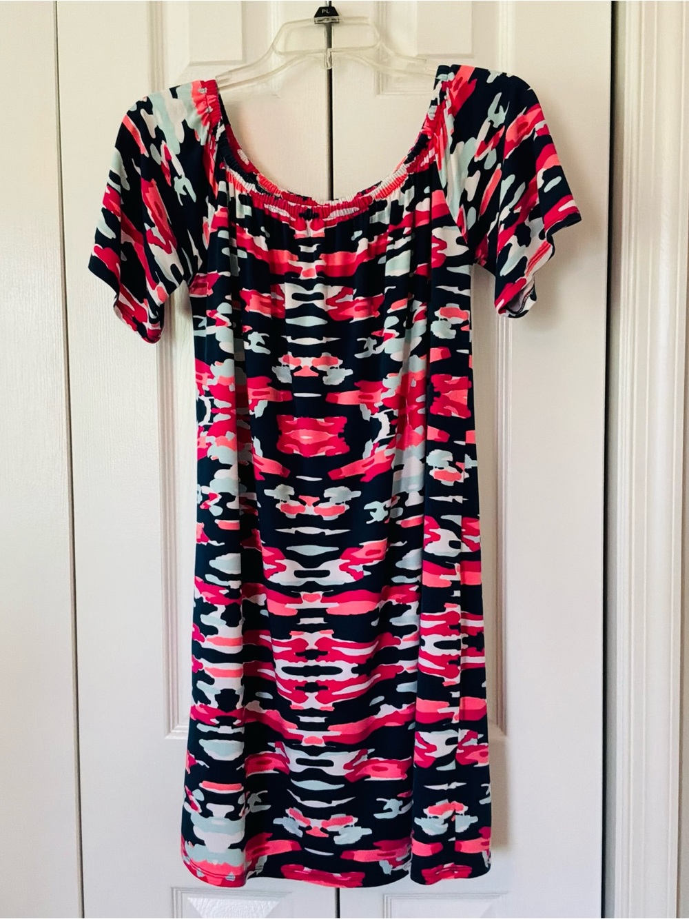 Haley&The Hound Off/On Shoulder MultiColored Camo Print Short Sleeve Dress Large